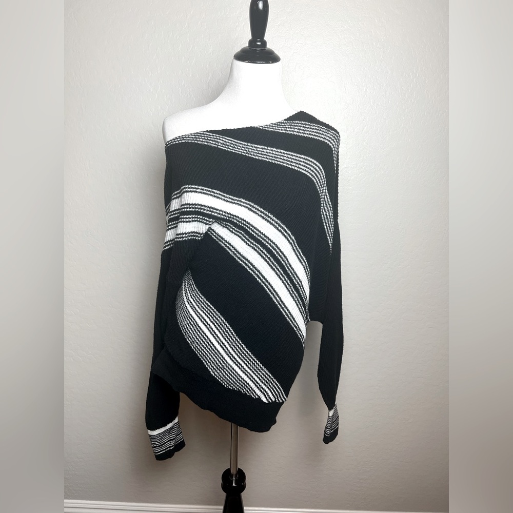 Free People Spectrum Off Shoulder Striped Sweater Black and White
